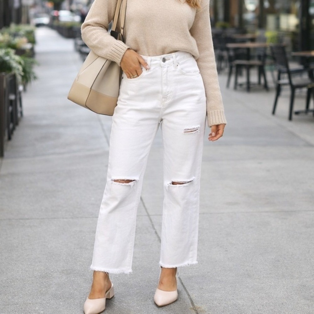 Princess Polly White Straight Leg Jeans Distressed Size 10 Y2K Clean Girl